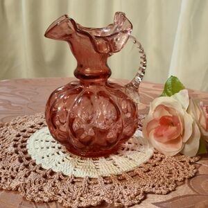 Vintage Fenton Pink Cranberry Glass pitcher with ruffled top.